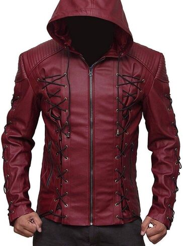 سترة جلدية حمراء بغطاء للرأس للرجال من طراز Moto Biker Style من الجلد ملابس الشارع ملابس خارجية عصرية مناسبة in Kuwait