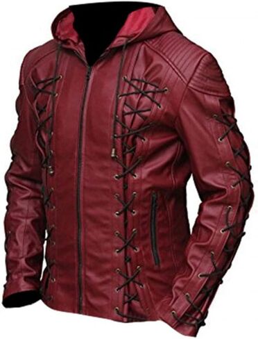 سترة جلدية حمراء بغطاء للرأس للرجال من طراز Moto Biker Style من الجلد ملابس الشارع ملابس خارجية عصرية مناسبة in Kuwait