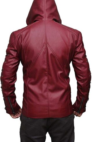 سترة جلدية حمراء بغطاء للرأس للرجال من طراز Moto Biker Style من الجلد ملابس الشارع ملابس خارجية عصرية مناسبة in Kuwait