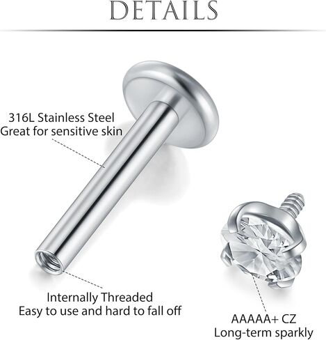 Zolure 16G ميدوسا ثقب المجوهرات خواتم الشفاه Labret Snake Bite Jewelry الفولاذ المقاوم للصدأ شقة الظهر Catilage Tragus Helix Daith أقراط ترصيع 6 مم 8 مم 10 مم in Kuwait