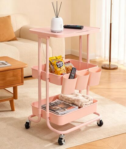 3 Tier Rolling Cart Table Top, Rolling Metal Organization Cart with 3 Cups & 3 Hooks, Multifunctional Storage Shelves with Wheels for Kitchen Living Room Office,Black in Kuwait