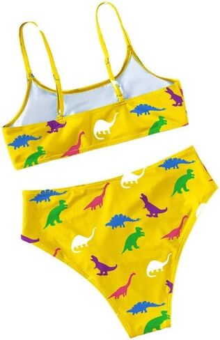 Women's High Waist Bikini Set – Dinosaur Cartoon Print Sporty 2-Piece Swimsuit, Stretchy Swimwear Bathing Suit in Saudi Arabia