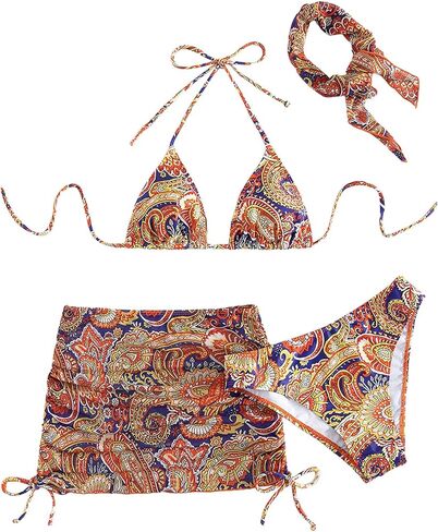 Women's 4 Piece Swimsuit Halter Triangle Bikini Sets Paisley Print Bathing Suits with Cover Up and Headband in Saudi Arabia