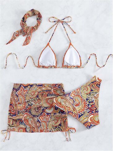 Women's 4 Piece Swimsuit Halter Triangle Bikini Sets Paisley Print Bathing Suits with Cover Up and Headband in Saudi Arabia