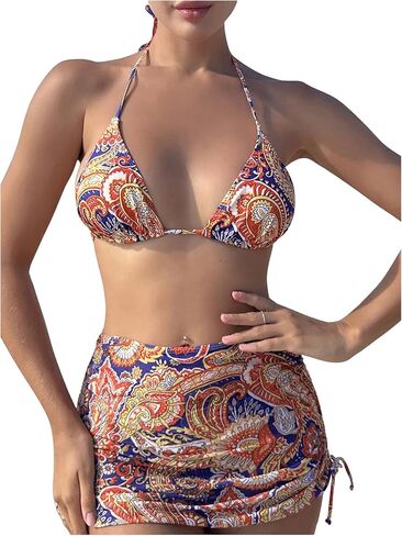 Women's 4 Piece Swimsuit Halter Triangle Bikini Sets Paisley Print Bathing Suits with Cover Up and Headband in Saudi Arabia