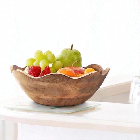 Scalloped Decorative Wooden Bowl 12 Inch Mango Wood Fruit & Serving Bowl Natural Grain Texture Ideal for Kitchen Counter Snacks Desserts Bread in Saudi Arabia
