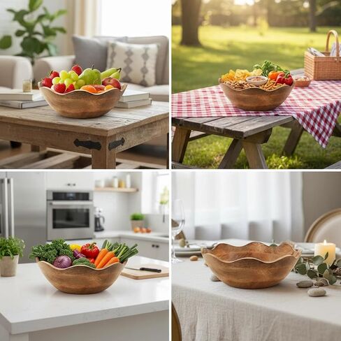 Scalloped Decorative Wooden Bowl 12 Inch Mango Wood Fruit & Serving Bowl Natural Grain Texture Ideal for Kitchen Counter Snacks Desserts Bread in Saudi Arabia