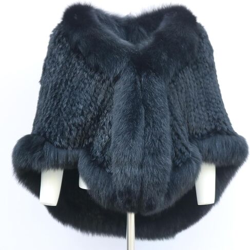 Women's Genuine Rabbit Fur Shawl Wraps With Fox Fur Trim Fluffy Warm Fur Cape Coat in Saudi Arabia
