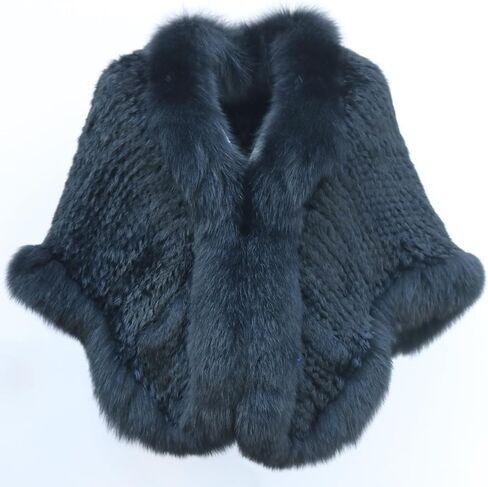 Women's Genuine Rabbit Fur Shawl Wraps With Fox Fur Trim Fluffy Warm Fur Cape Coat in Saudi Arabia