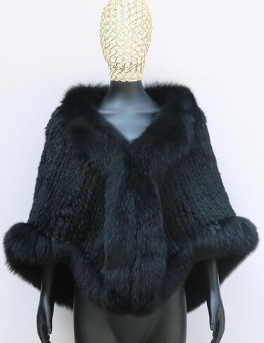 Women's Genuine Rabbit Fur Shawl Wraps With Fox Fur Trim Fluffy Warm Fur Cape Coat in Saudi Arabia