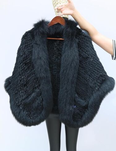 Women's Genuine Rabbit Fur Shawl Wraps With Fox Fur Trim Fluffy Warm Fur Cape Coat in Saudi Arabia