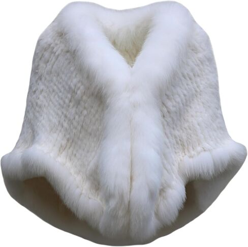 Women's Genuine Rabbit Fur Shawl Wraps With Fox Fur Trim Fluffy Warm Fur Cape Coat in Saudi Arabia
