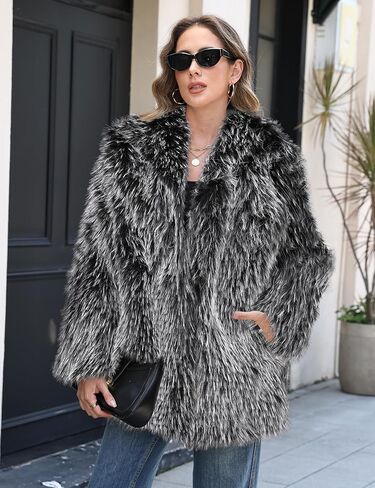 Womens Faux Fur Coats Fuzzy Long Sleeve Lapel Collar Winter Jacket Open Front Cardigan Fluffy Warm Outwear with Pocket in Saudi Arabia