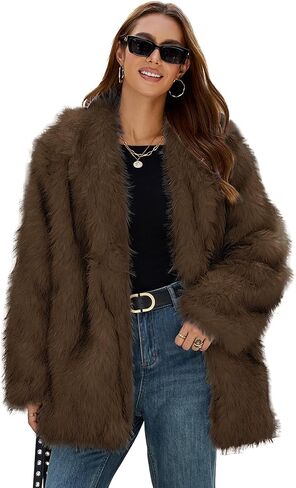 Womens Faux Fur Coats Fuzzy Long Sleeve Lapel Collar Winter Jacket Open Front Cardigan Fluffy Warm Outwear with Pocket in Saudi Arabia