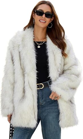 Womens Faux Fur Coats Fuzzy Long Sleeve Lapel Collar Winter Jacket Open Front Cardigan Fluffy Warm Outwear with Pocket in Saudi Arabia