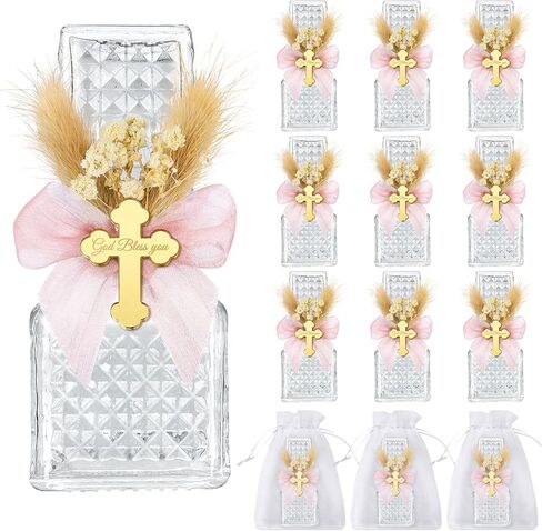 12 Set Holy Water Bottles Catholic Bulk Glass Baptism Favors for Guests Christian Water Container with Floral Organza Bags Bow for Holy Communion Gifts Church Wedding Baptism Decor (Elegant Pink, 12) in Saudi Arabia
