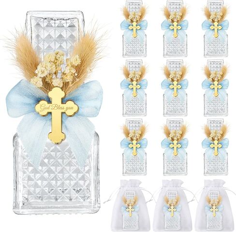 12 Set Holy Water Bottles Catholic Bulk Glass Baptism Favors for Guests Christian Water Container with Floral Organza Bags Bow for Holy Communion Gifts Church Wedding Baptism Decor (Elegant Pink, 12) in Saudi Arabia
