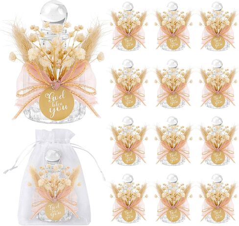 12 Set Holy Water Bottles Catholic Bulk Glass Baptism Favors for Guests Christian Water Container with Floral Organza Bags Bow for Holy Communion Gifts Church Wedding Baptism Decor (Elegant Pink, 12) in Saudi Arabia