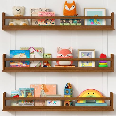 Dark Wood Wall Bookshelf for Kids Bedroom, 36 Inch Floating Nursery Bookshelf for Baby Girl Boy Room, Wooden Hanging Toddler Book Shelves for Wall (36 inch, Walnut Brown, 3-Pack) in Saudi Arabia