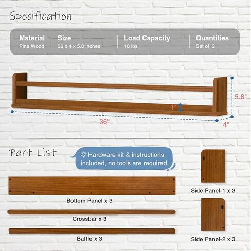Dark Wood Wall Bookshelf for Kids Bedroom, 36 Inch Floating Nursery Bookshelf for Baby Girl Boy Room, Wooden Hanging Toddler Book Shelves for Wall (36 inch, Walnut Brown, 3-Pack) in Saudi Arabia
