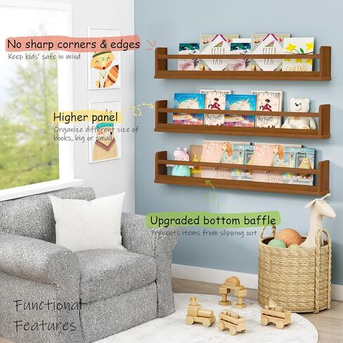 Dark Wood Wall Bookshelf for Kids Bedroom, 36 Inch Floating Nursery Bookshelf for Baby Girl Boy Room, Wooden Hanging Toddler Book Shelves for Wall (36 inch, Walnut Brown, 3-Pack) in Saudi Arabia
