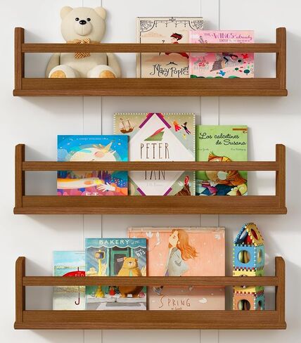 Dark Wood Wall Bookshelf for Kids Bedroom, 36 Inch Floating Nursery Bookshelf for Baby Girl Boy Room, Wooden Hanging Toddler Book Shelves for Wall (36 inch, Walnut Brown, 3-Pack) in Saudi Arabia