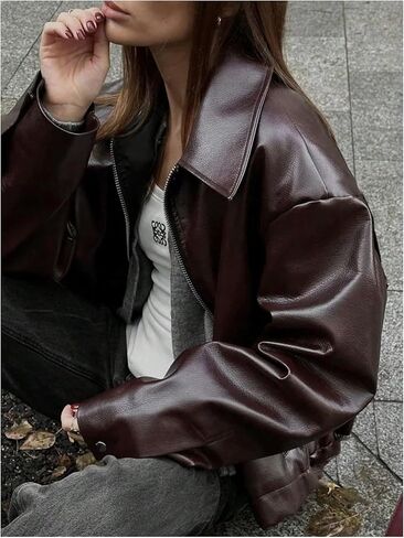 Milumia Women's Faux Leather Motorcycle Jackets Zip Up Long Sleeve Loose Coats Fall Outerwear in Saudi Arabia
