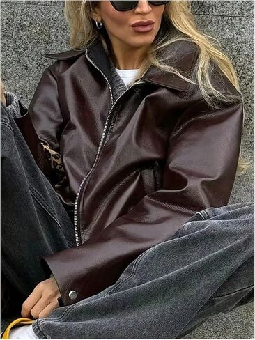 Milumia Women's Faux Leather Motorcycle Jackets Zip Up Long Sleeve Loose Coats Fall Outerwear in Saudi Arabia