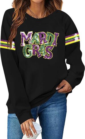 DUTUT Mardi Gras قمصان للنساء كرنفال البلوز ماردي غرا ترتر سباركلي Crewneck كم طويل نيو اورليانز قطع علوية للحفلات in Saudi Arabia