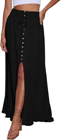 Women's Boho Elastic Tie Waist Button Down Maxi Skirt - Casual Loose Flowy Swing Slit Front Long Skirt in Kuwait