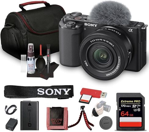 Sony ZV-E10 Mirrorless Camera with 16-50mm Lens Black ILCZV-E10L/B, 64GB Memory Card, Bag, Card Reader, HDMI Cable, Flex Tripod, Hand Strap, Memory Card Wallet, Cleaning Kit in Saudi Arabia