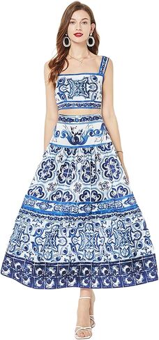 Women's Celadon Print Camisole with Vest Two Piece Set Dress Bohemian Long Dresses in Saudi Arabia
