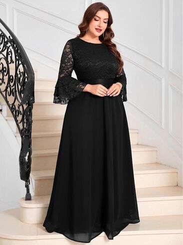 Plus Size Maxi Dress Floral Lace Contrast Chiffon Evening Gown Ruffle Bell Sleeve Crew Neck Formal Wedding Guest in Saudi Arabia