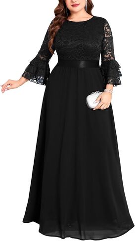 بالإضافة إلى حجم فستان ماكسي الأزهار الدانتيل التباين الشيفون مساء ثوب كشكش الجرس الأكمام طاقم الرقبة حفل زفاف رسمي ضيف in Kuwait