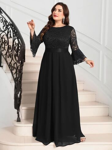 Plus Size Maxi Dress Floral Lace Contrast Chiffon Evening Gown Ruffle Bell Sleeve Crew Neck Formal Wedding Guest in Saudi Arabia