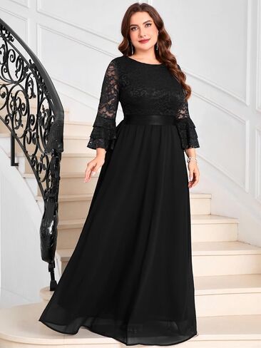 Plus Size Maxi Dress Floral Lace Contrast Chiffon Evening Gown Ruffle Bell Sleeve Crew Neck Formal Wedding Guest in Saudi Arabia