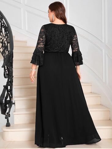 Plus Size Maxi Dress Floral Lace Contrast Chiffon Evening Gown Ruffle Bell Sleeve Crew Neck Formal Wedding Guest in Saudi Arabia