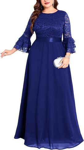 Plus Size Maxi Dress Floral Lace Contrast Chiffon Evening Gown Ruffle Bell Sleeve Crew Neck Formal Wedding Guest in Saudi Arabia