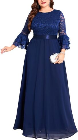 Plus Size Maxi Dress Floral Lace Contrast Chiffon Evening Gown Ruffle Bell Sleeve Crew Neck Formal Wedding Guest in Saudi Arabia