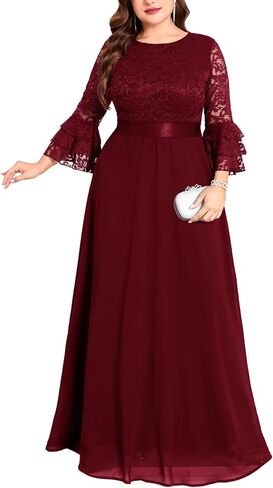 Plus Size Maxi Dress Floral Lace Contrast Chiffon Evening Gown Ruffle Bell Sleeve Crew Neck Formal Wedding Guest in Saudi Arabia