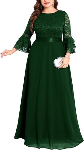 Plus Size Maxi Dress Floral Lace Contrast Chiffon Evening Gown Ruffle Bell Sleeve Crew Neck Formal Wedding Guest in Saudi Arabia