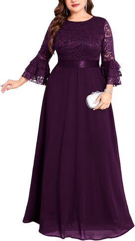 Plus Size Maxi Dress Floral Lace Contrast Chiffon Evening Gown Ruffle Bell Sleeve Crew Neck Formal Wedding Guest in Saudi Arabia