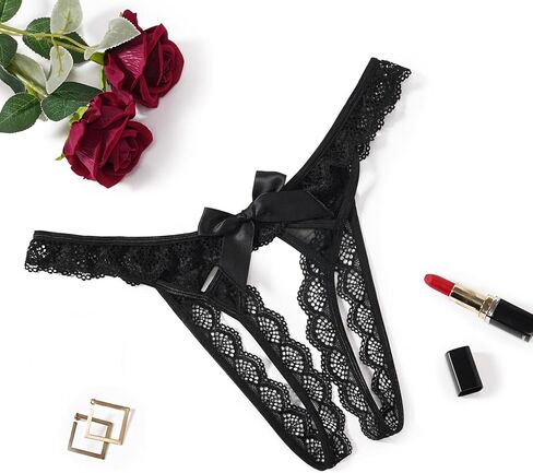Avidlove Lace Panties for Women Low Rise Underwear Briefs Floral Lace Thong Panties with Bow Black L in Saudi Arabia