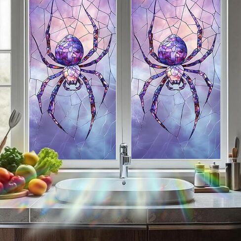 Nuxovilar Purple Spider Window Film, 17.7×39.4inch Web Stained Glass Pattern, PVC Static Cling for Living Room/Entryway Holiday Decor (Sparkle) in Saudi Arabia
