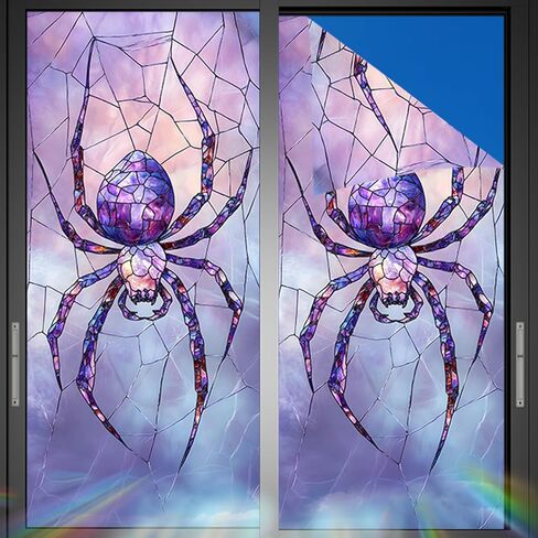 Nuxovilar Purple Spider Window Film, 17.7×39.4inch Web Stained Glass Pattern, PVC Static Cling for Living Room/Entryway Holiday Decor (Sparkle) in Saudi Arabia