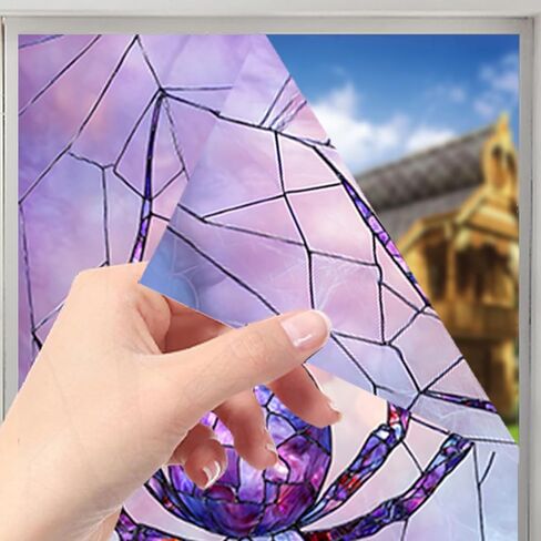 Nuxovilar Purple Spider Window Film, 17.7×39.4inch Web Stained Glass Pattern, PVC Static Cling for Living Room/Entryway Holiday Decor (Sparkle) in Saudi Arabia