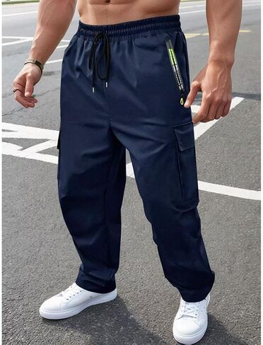 Multi-Pocket Casual Trousers with Zippered Drawstring, Breathable Solid Color Pants for Summer Outdoor Wear in Saudi Arabia
