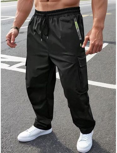 Multi-Pocket Casual Trousers with Zippered Drawstring, Breathable Solid Color Pants for Summer Outdoor Wear in Saudi Arabia