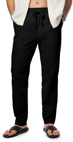 Mens Cotton Casual Trousers Elastic Waist Drawstring Lightweight Summer Beach Pants with Pockets in Saudi Arabia