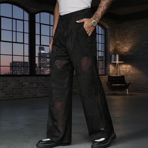 Men's Wide Leg Pants Polyester Mesh Detail Suit Waist Drape Cut Casual Everyday Modern Loose Fit Versatile in Saudi Arabia